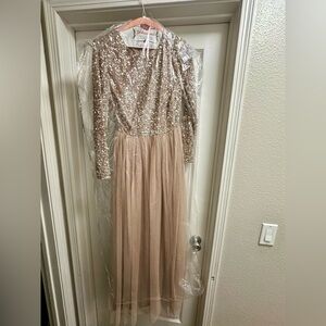 Sequined champagne long sleeved maxi gown
